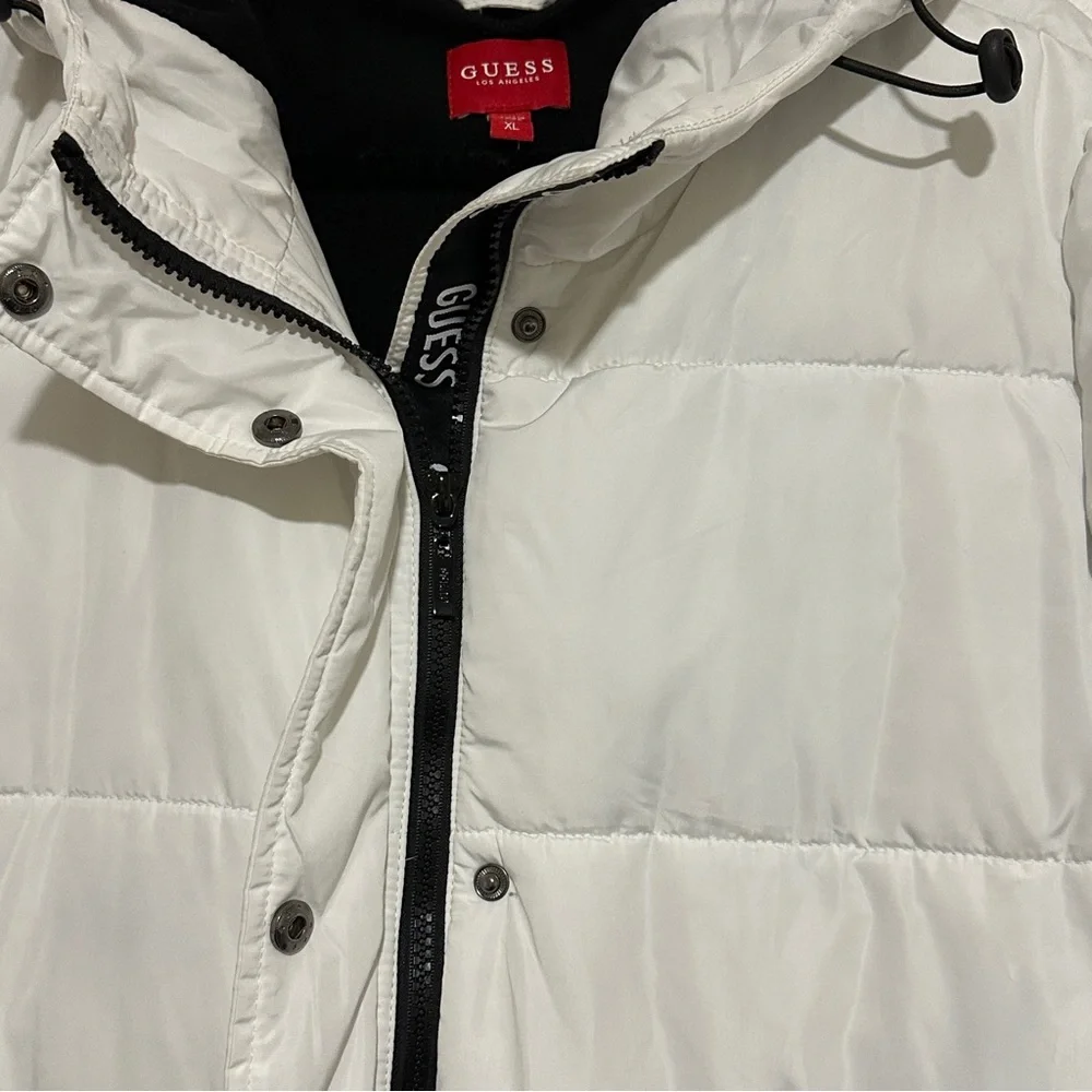 Guess White Black Longline Hooded Zip Button Puffer Jacket / Coat Size XL